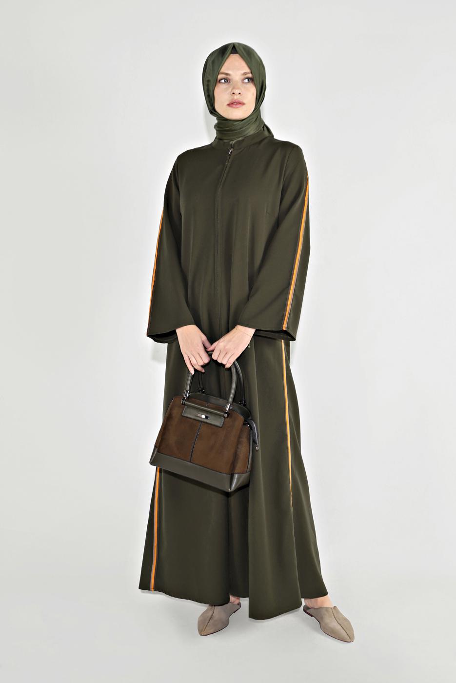 Vêtements hijab KAKI PARDESSUS ZIPPÉ À RAYURES 58106