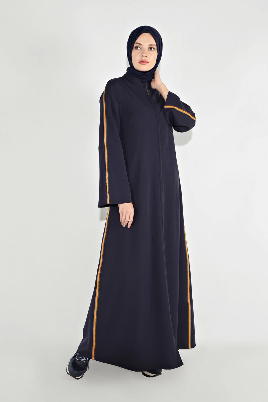 Tesettür giyim LACİVERT ŞERİTLİ FERMUARLI FERACE 58106