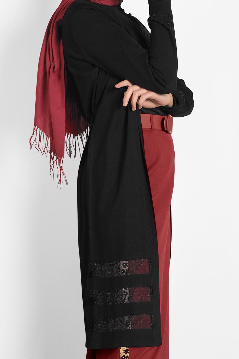 Tesettür giyim SİYAH ETEK UCU TÜL DETAYLI TRİKO HIRKA 40050 