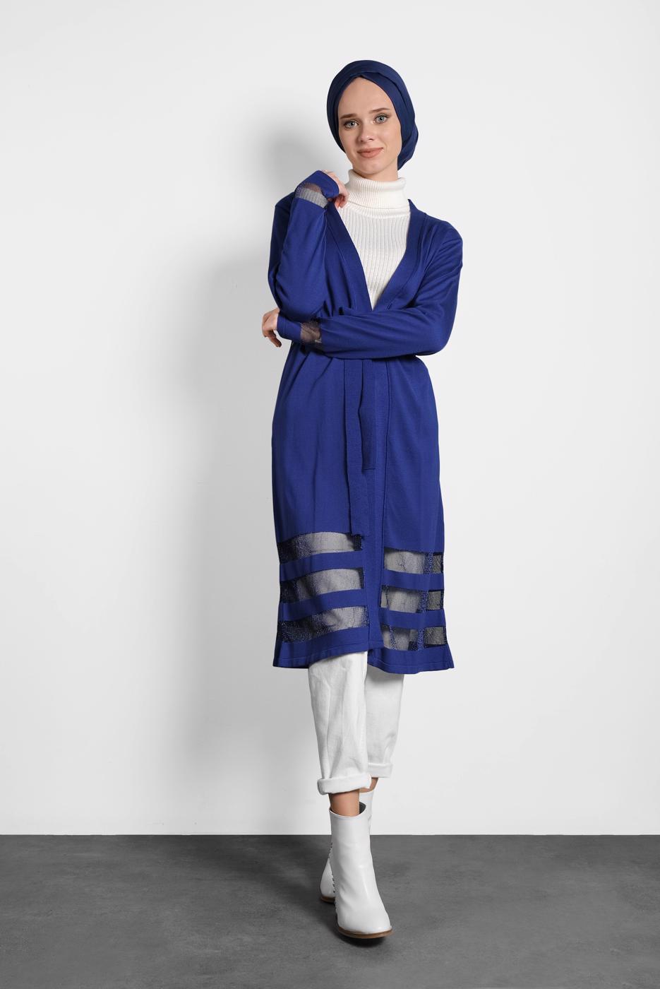 Tesettür giyim LACİVERT ETEK UCU TÜL DETAYLI TRİKO HIRKA 40050 