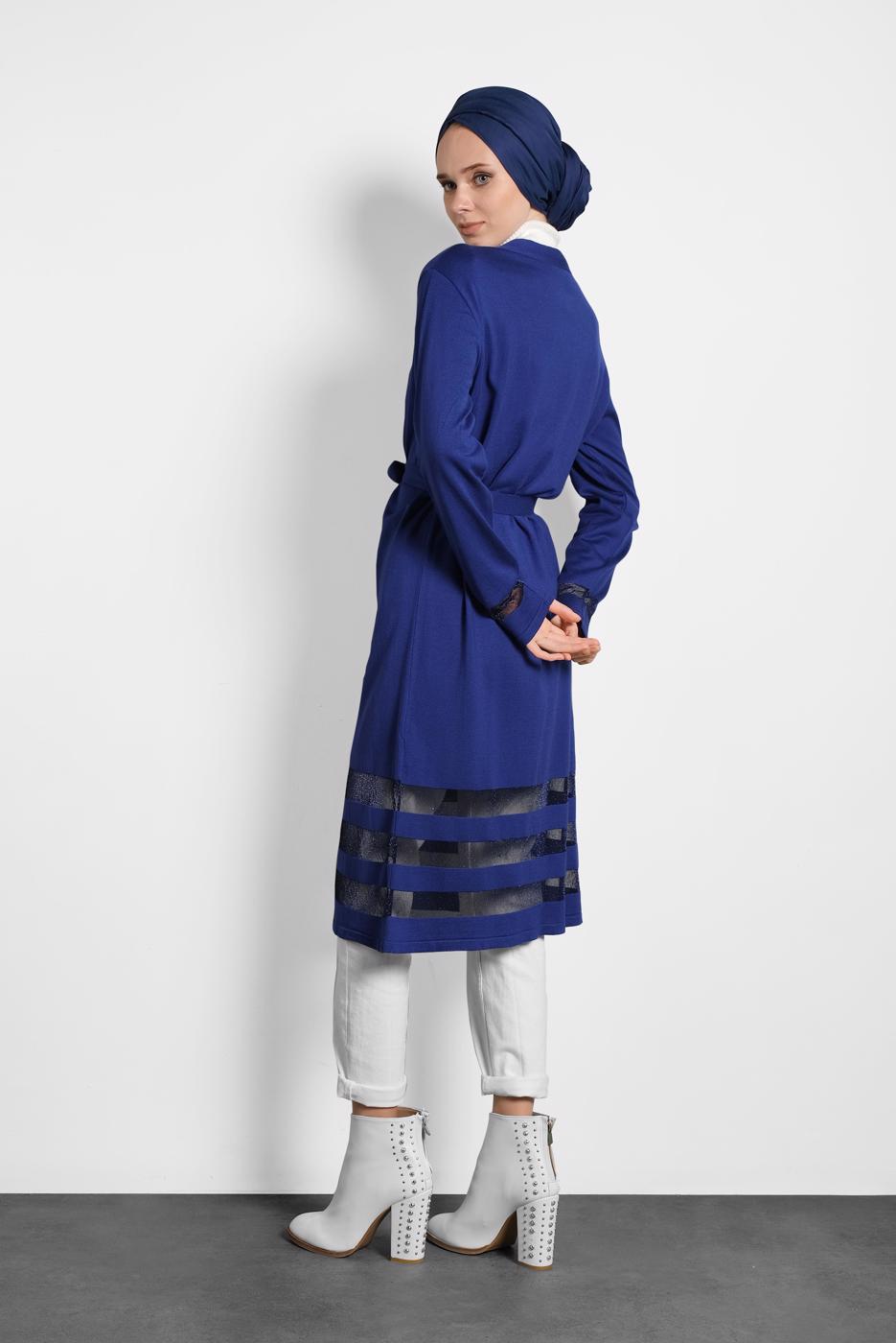 Tesettür giyim LACİVERT ETEK UCU TÜL DETAYLI TRİKO HIRKA 40050 