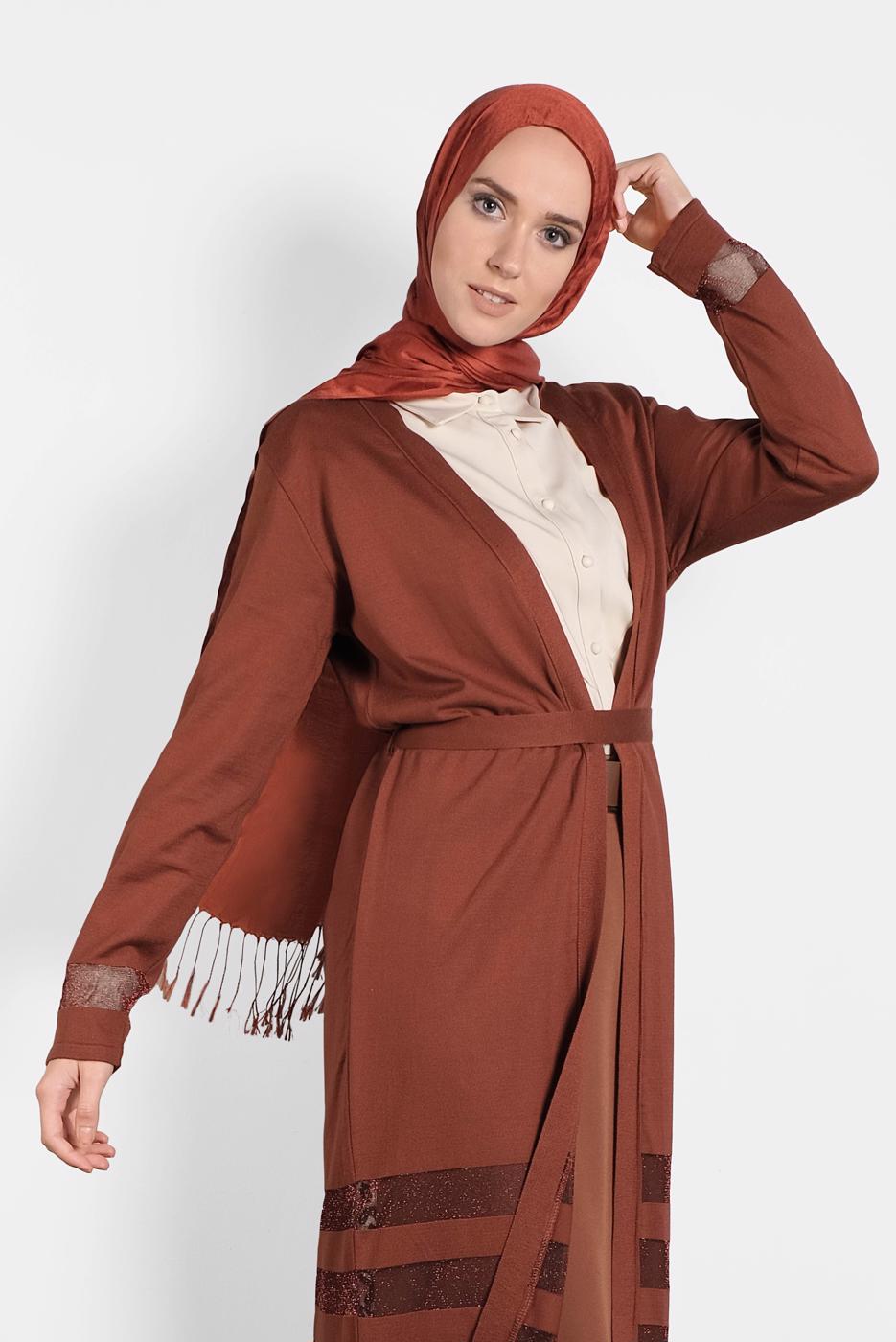 Tesettür giyim KAHVE ALVİNA KUŞAKLI TRİKO HIRKA 40050	