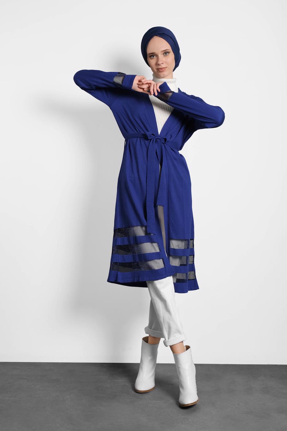 Tesettür giyim LACİVERT ALVİNA KUŞAKLI TRİKO HIRKA 40050	