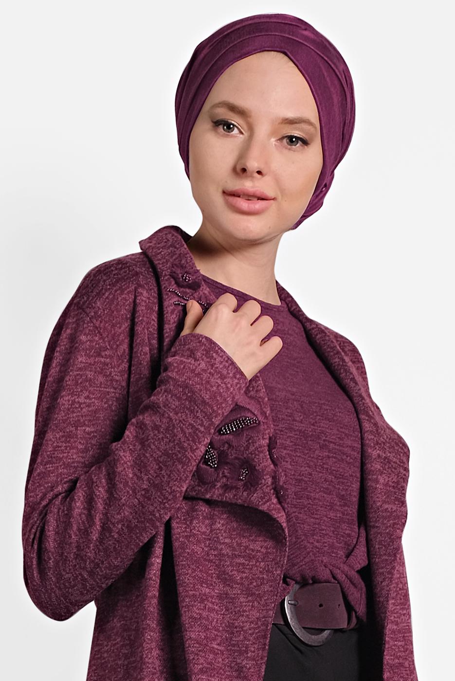 Tesettür giyim BORDO ALVİNA ŞAL YAKA KUŞAKLI HIRKA 40189 