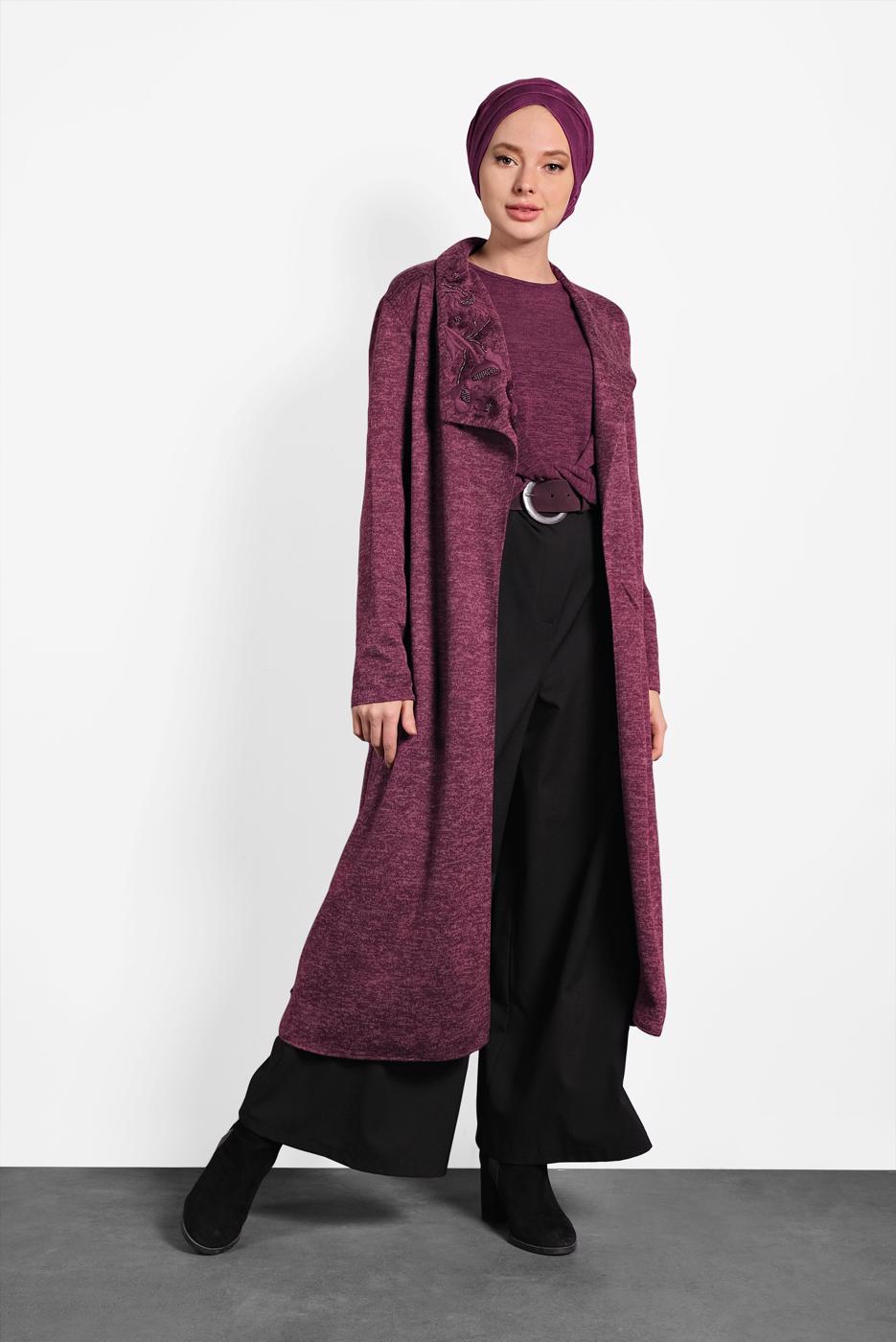 Tesettür giyim BORDO ALVİNA ŞAL YAKA KUŞAKLI HIRKA 40189 
