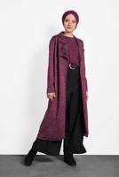 Tesettür giyim BORDO ALVİNA ŞAL YAKA KUŞAKLI HIRKA 40189 