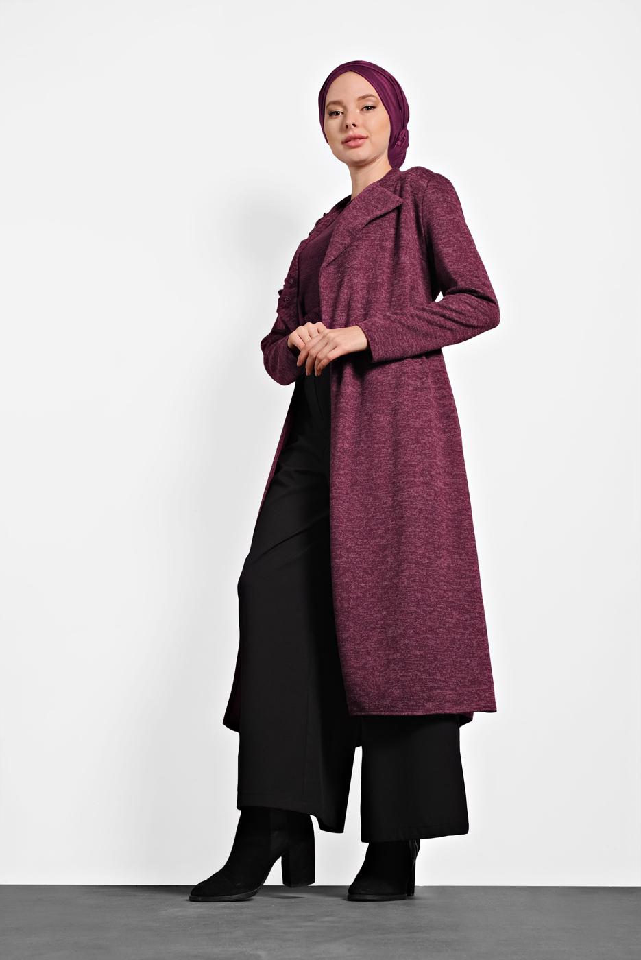 Tesettür giyim BORDO ALVİNA ŞAL YAKA KUŞAKLI HIRKA 40189 