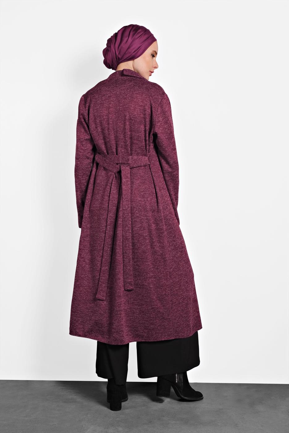 Tesettür giyim BORDO ALVİNA ŞAL YAKA KUŞAKLI HIRKA 40189 