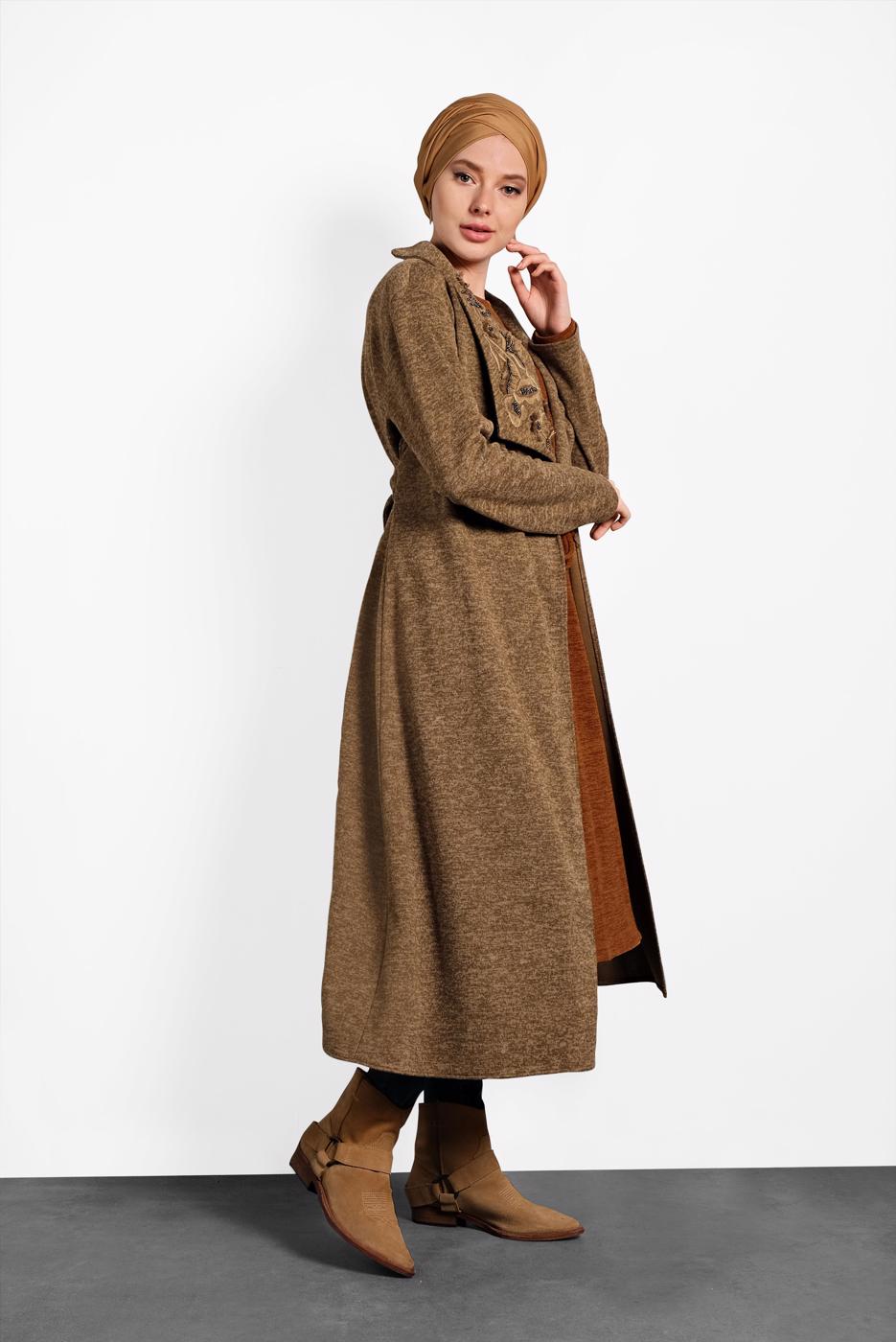 Tesettür giyim KAHVE ALVİNA ŞAL YAKA KUŞAKLI HIRKA 40189 