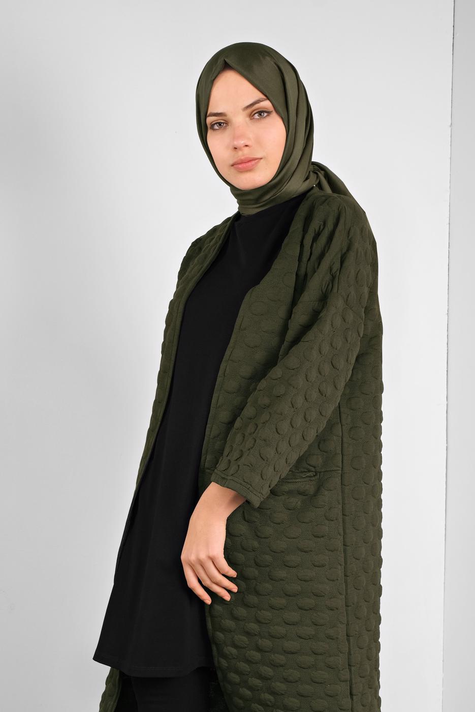 Tesettür giyim HAKİ PONPON DESENLİ CEKET  8234