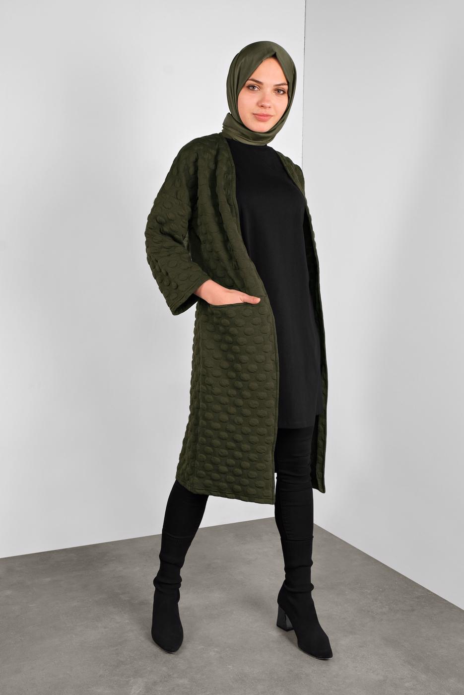 Tesettür giyim HAKİ PONPON DESENLİ CEKET  8234