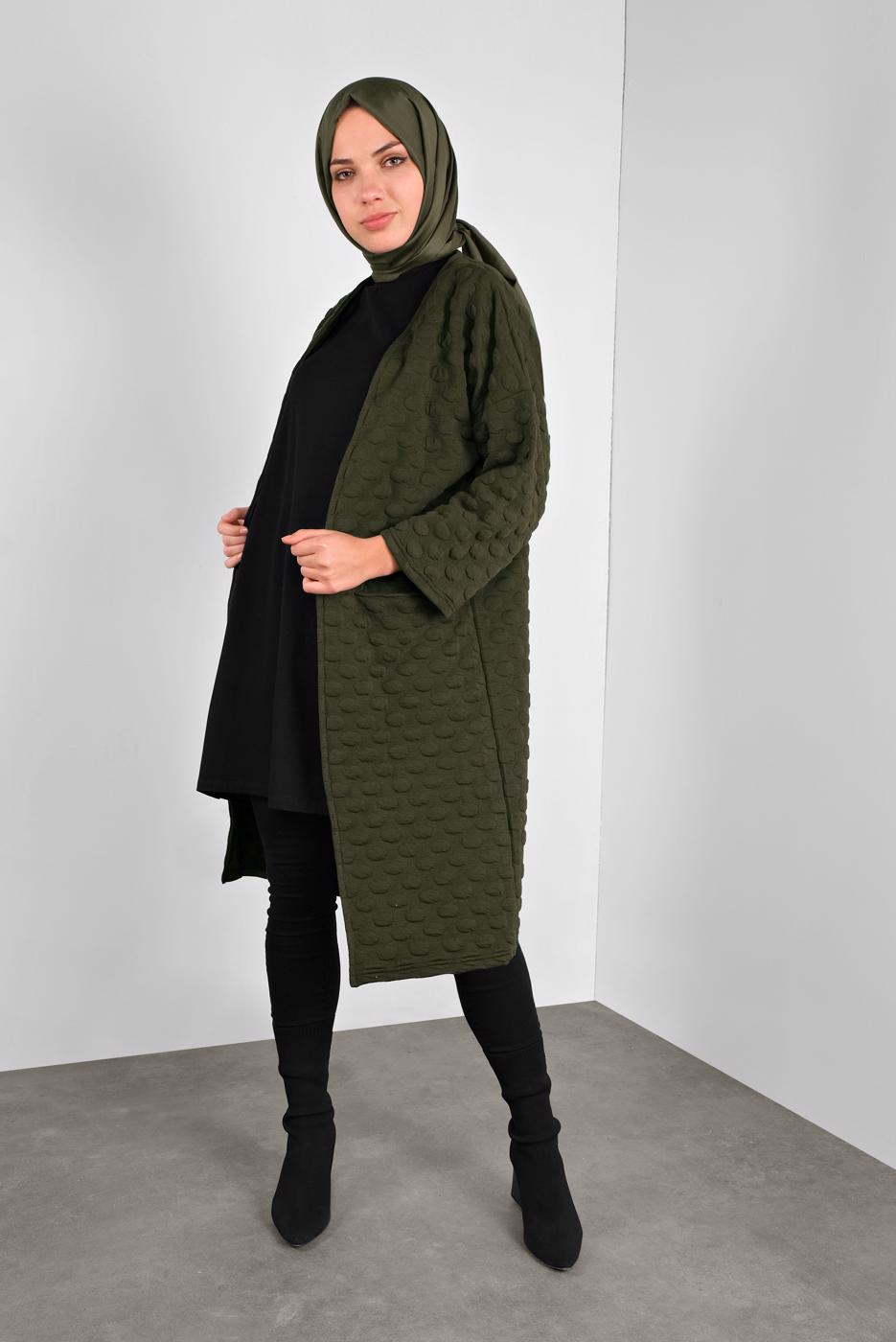 Tesettür giyim HAKİ PONPON DESENLİ CEKET  8234