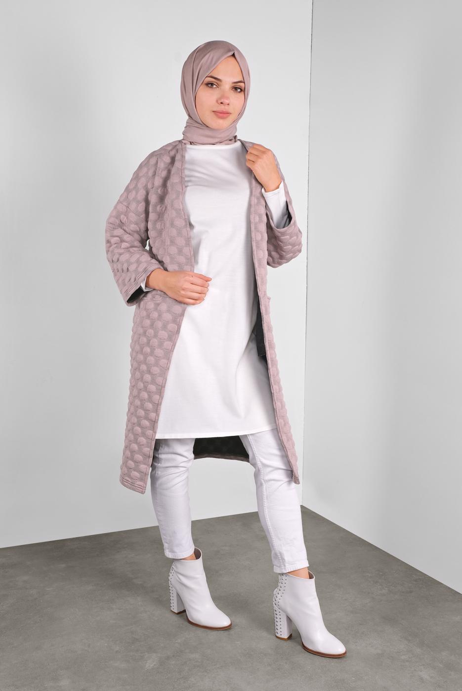 Tesettür giyim PEMBE PONPON DESENLİ CEKET  8234