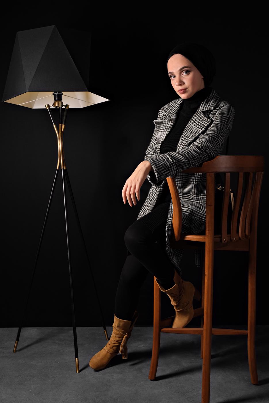 Tesettür giyim VİZON KRUVAZE YAKA EKOSE KABAN 62226 