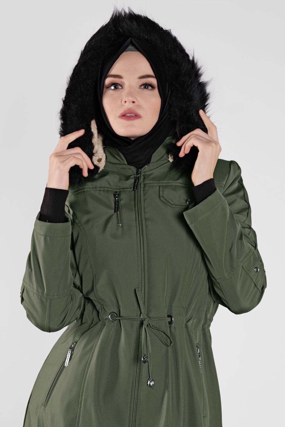 Tesettür giyim HAKİ FERMUARLI KAPÜŞONLU BELİ LASTİKLİ KABAN  632-1 