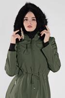 Tesettür giyim HAKİ FERMUARLI KAPÜŞONLU BELİ LASTİKLİ KABAN  632-1 