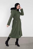 Tesettür giyim HAKİ FERMUARLI KAPÜŞONLU BELİ LASTİKLİ KABAN  632-1 