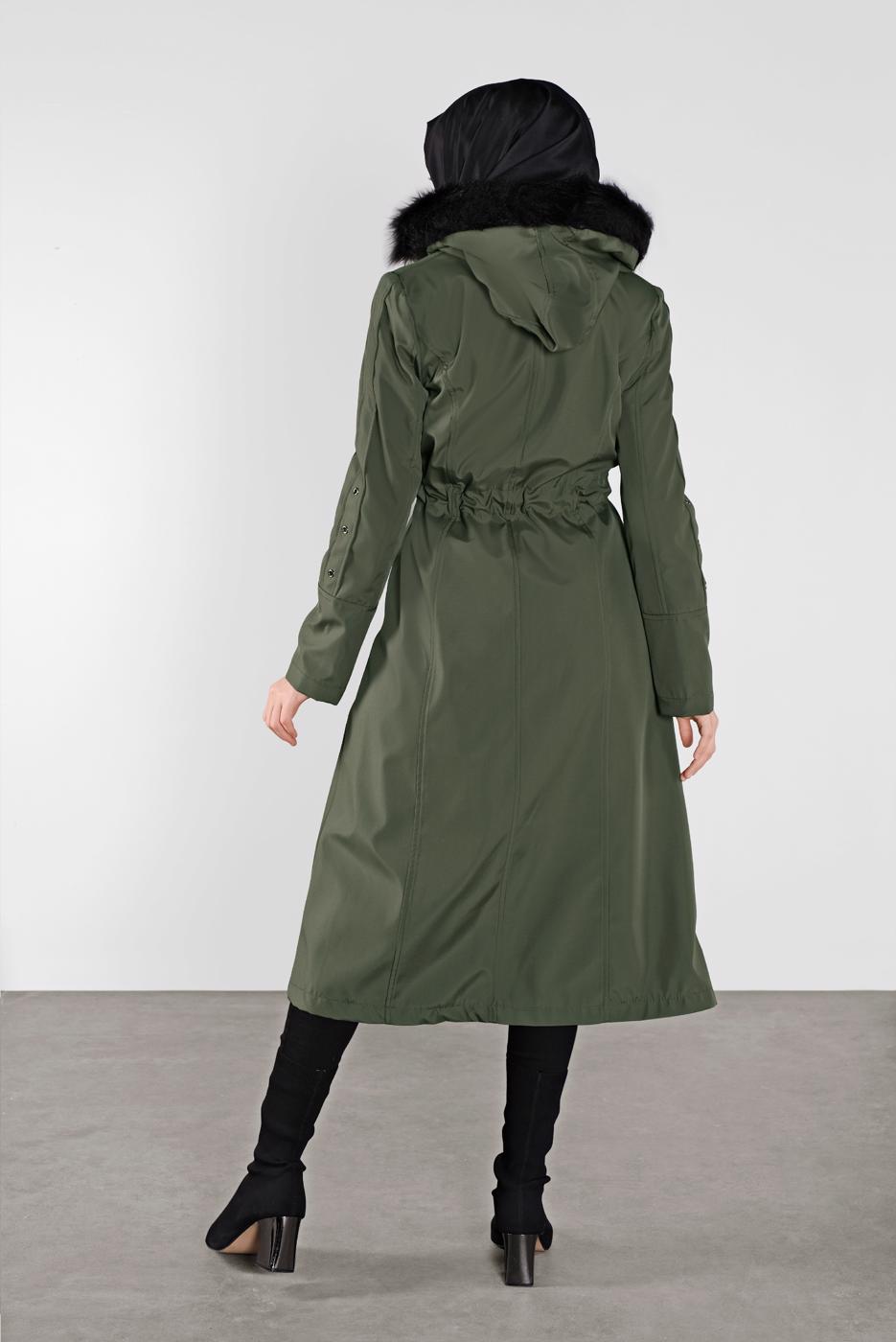 Tesettür giyim HAKİ FERMUARLI KAPÜŞONLU BELİ LASTİKLİ KABAN  632-1 