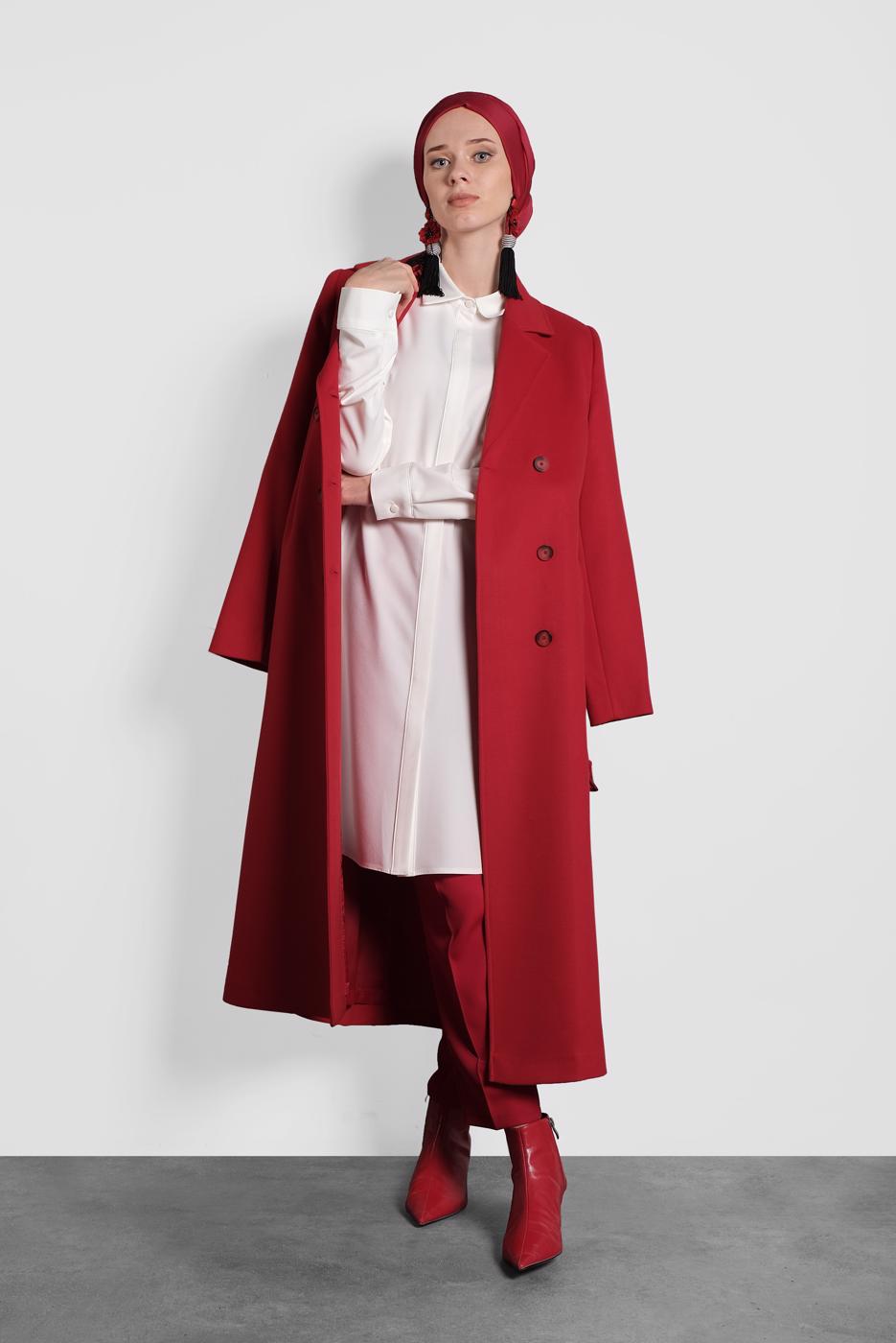 Tesettür giyim KIRMIZI ALVİNA DÜĞMELİ KEMERLİ KAŞE KABAN 90003  