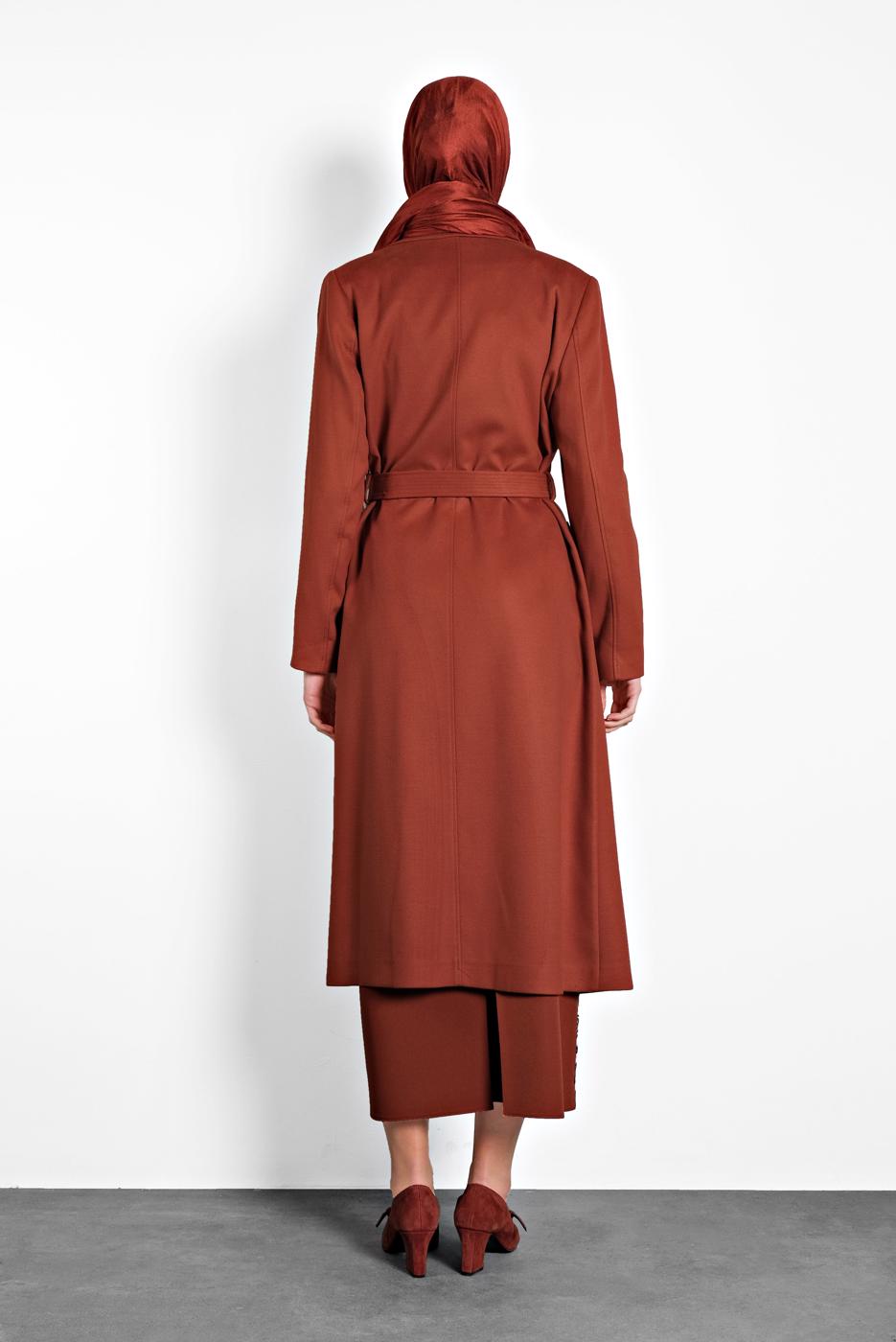 Tesettür giyim KAHVE ALVİNA DÜĞMELİ KEMERLİ KAŞE KABAN 90003  