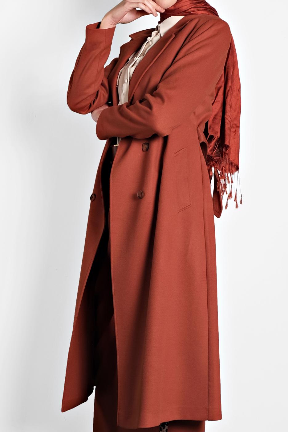 Tesettür giyim KAHVE ALVİNA DÜĞMELİ KEMERLİ KAŞE KABAN 90003  