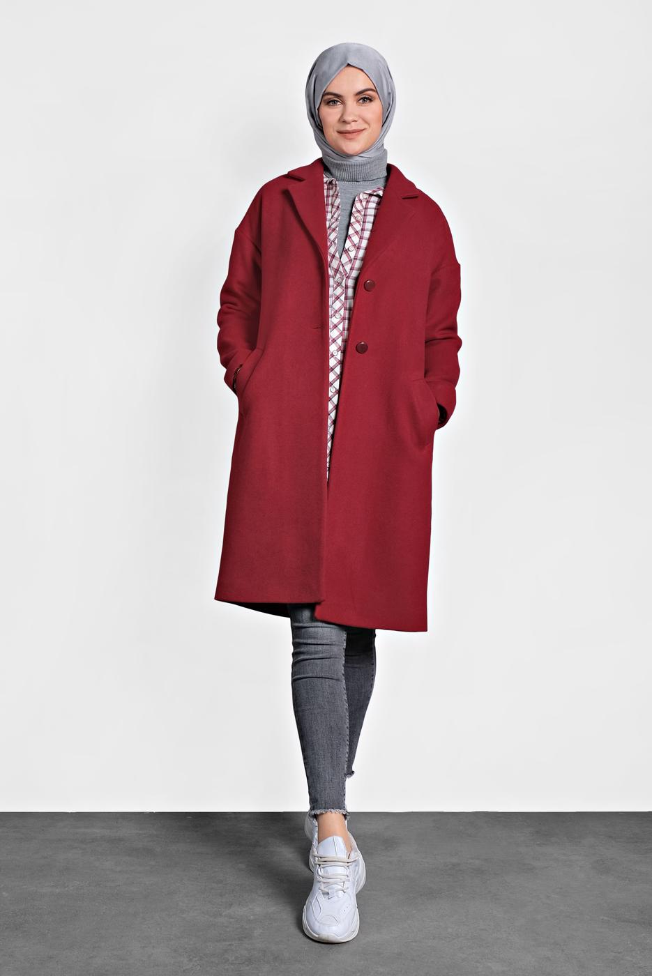 Tesettür giyim KIRMIZI ALVİNA DÜĞMELİ CEPLİ KAŞE KABAN 90005	