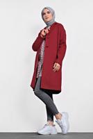 Tesettür giyim KIRMIZI ALVİNA DÜĞMELİ CEPLİ KAŞE KABAN 90005	
