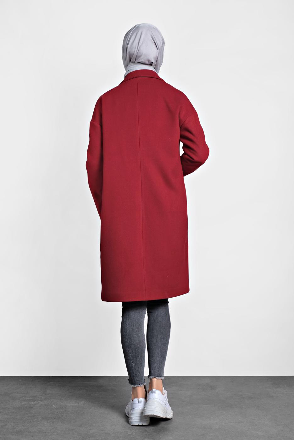 Tesettür giyim KIRMIZI ALVİNA DÜĞMELİ CEPLİ KAŞE KABAN 90005	