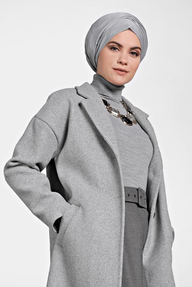 Tesettür giyim  ALVİNA DÜĞMELİ CEPLİ KAŞE KABAN 90005	 - TRENDTESETTÜR