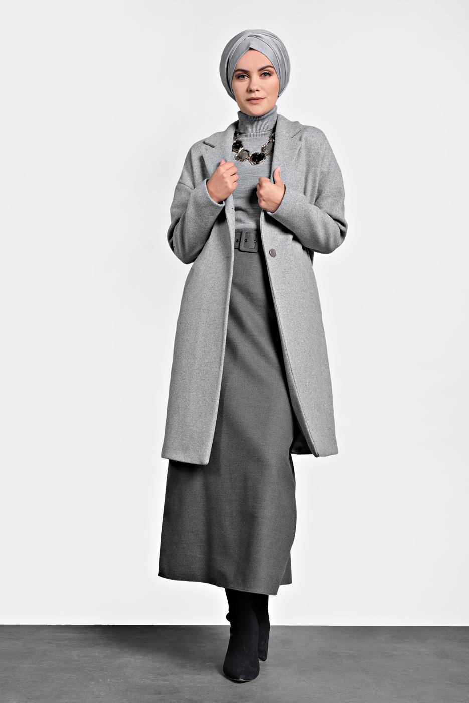 Tesettür giyim GRİ ALVİNA DÜĞMELİ CEPLİ KAŞE KABAN 90005	