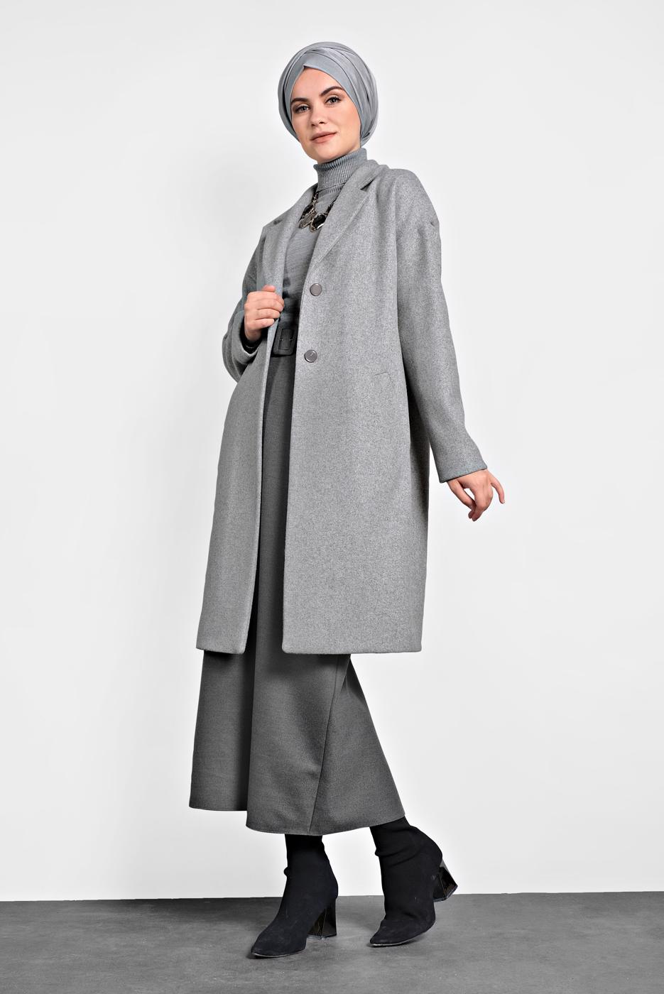 Tesettür giyim GRİ ALVİNA DÜĞMELİ CEPLİ KAŞE KABAN 90005	