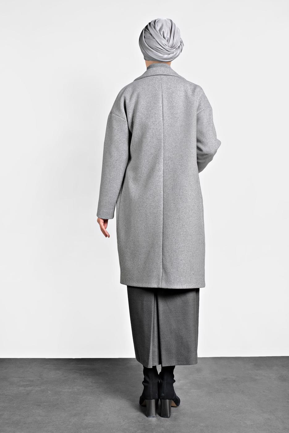 Tesettür giyim GRİ ALVİNA DÜĞMELİ CEPLİ KAŞE KABAN 90005	