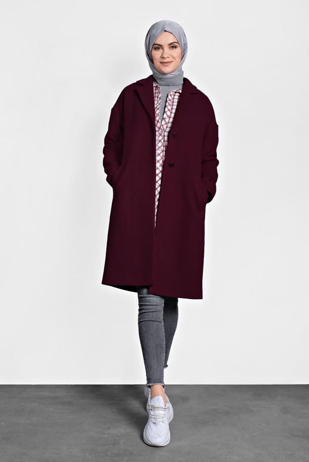 Tesettür giyim  ALVİNA DÜĞMELİ CEPLİ KAŞE KABAN 90005	 - TRENDTESETTÜR