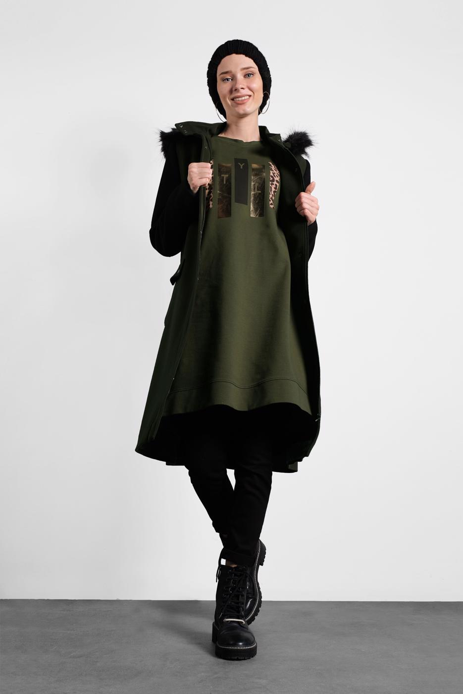 Tesettür giyim HAKİ ALVİNA KAPÜŞONLU CEPLİ KABAN 90023 