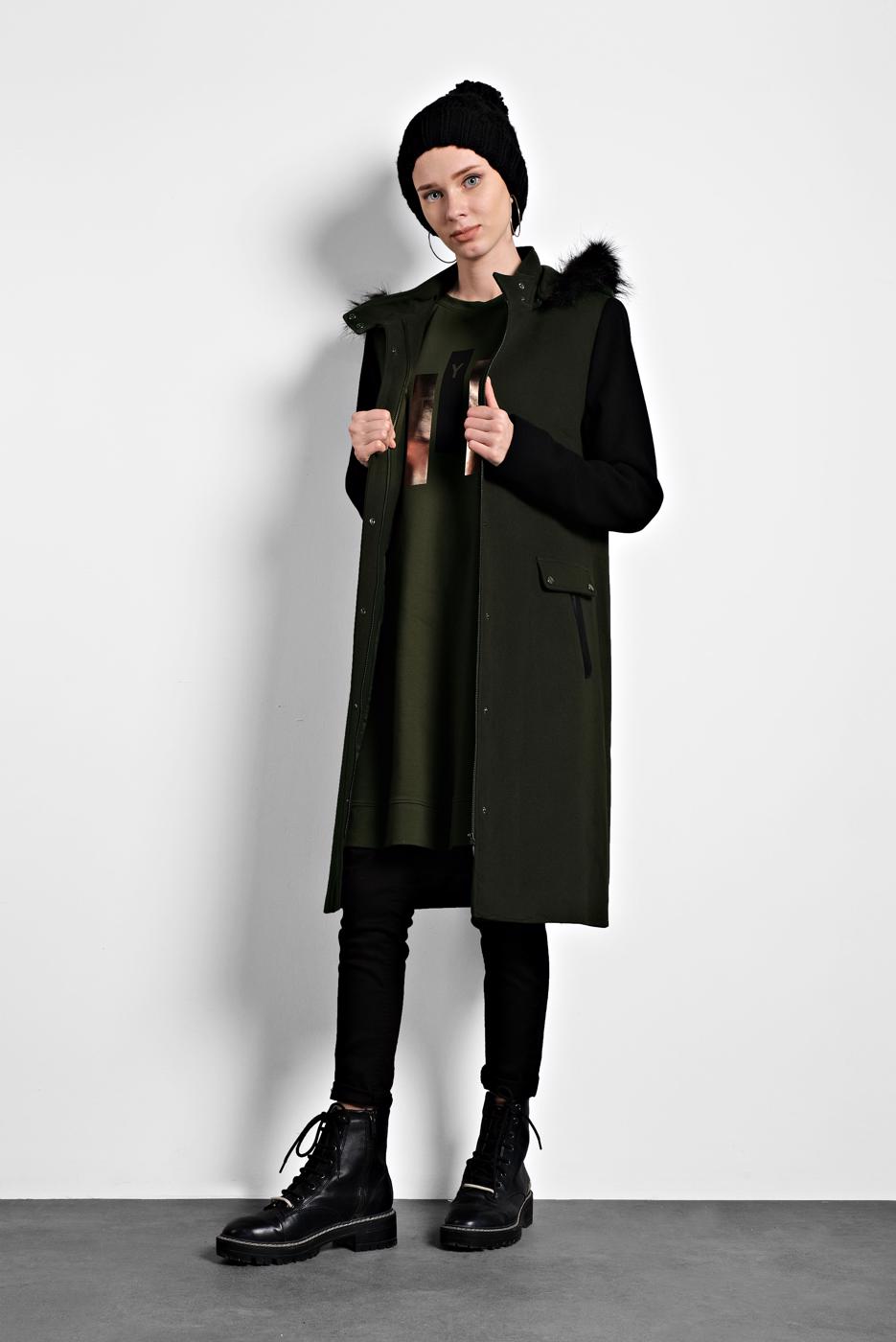 Tesettür giyim HAKİ ALVİNA KAPÜŞONLU CEPLİ KABAN 90023 