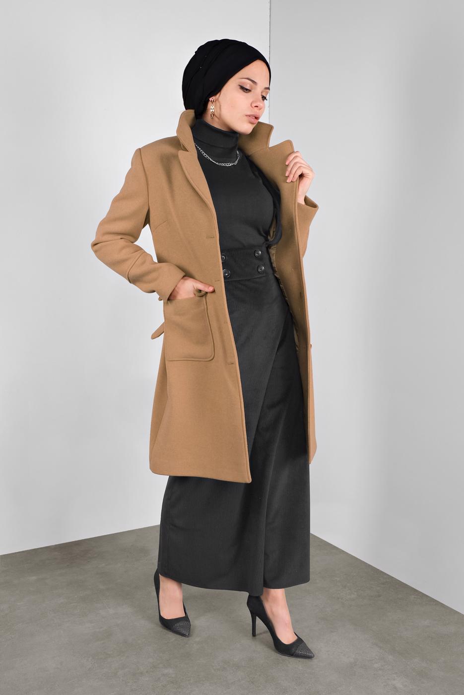 Tesettür giyim KAHVE KLASİK KABAN 90024 