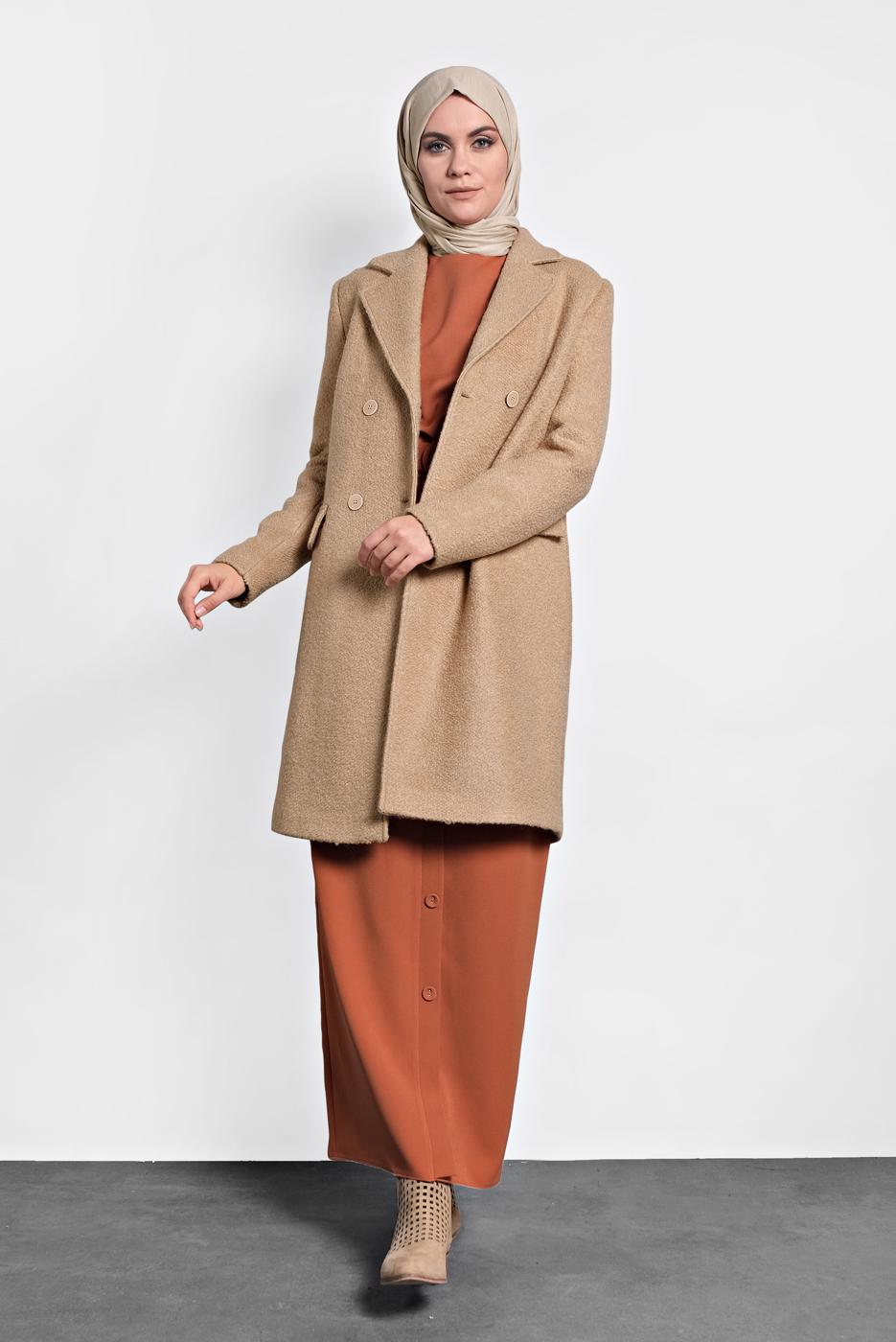 Tesettür giyim KAHVE ALVİNA DÜĞMELİ KLASİK KABAN 90026 