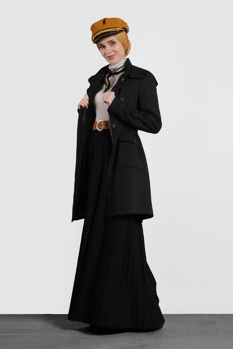 Tesettür giyim SİYAH ALVİNA KAPÜŞONLU KABAN 90034	