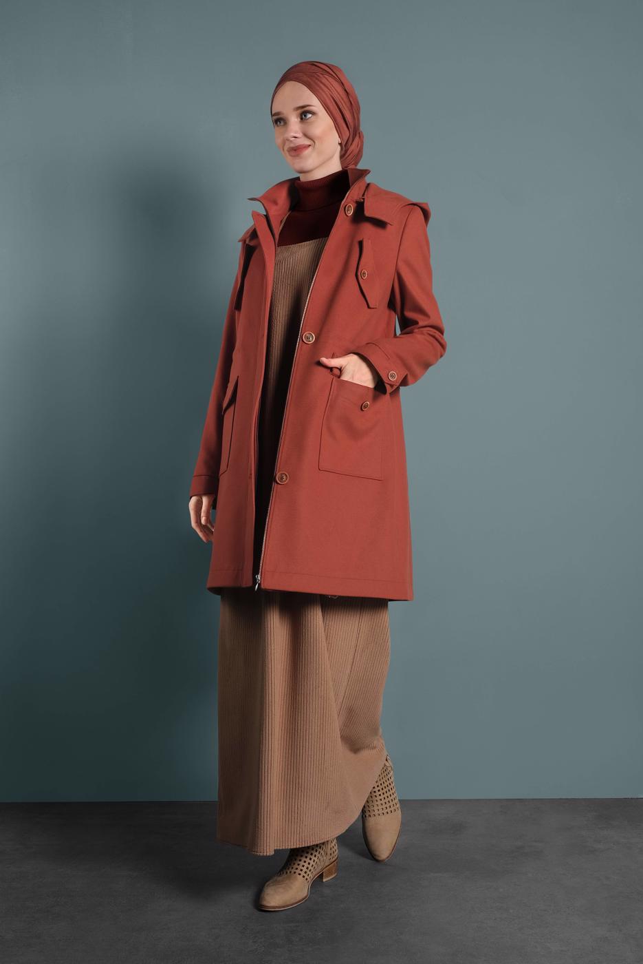 Tesettür giyim KAHVE ALVİNA KAPÜŞONLU KABAN 90034	