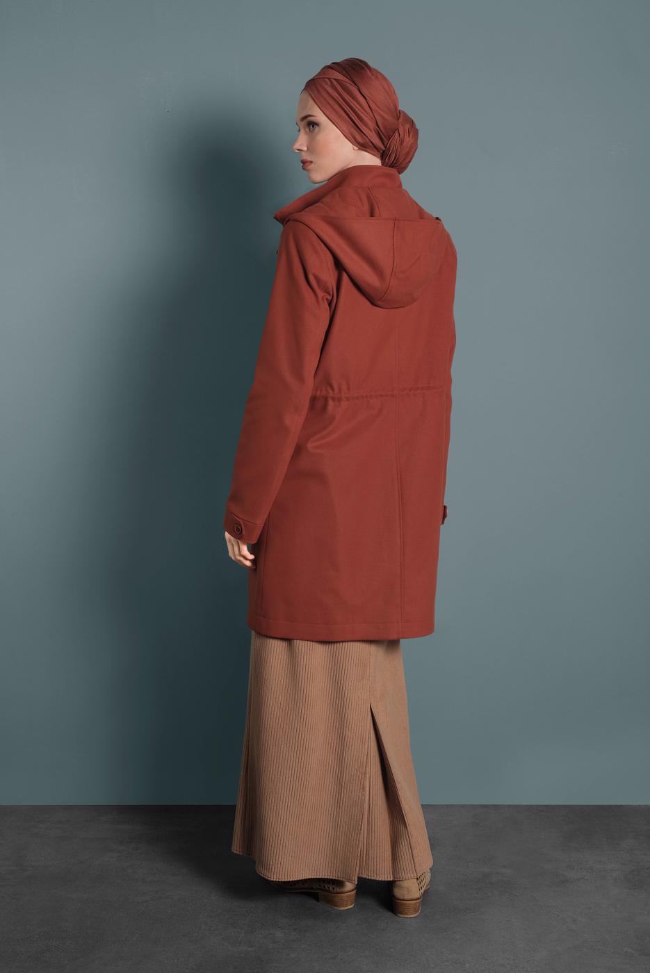 Tesettür giyim KAHVE ALVİNA KAPÜŞONLU KABAN 90034	