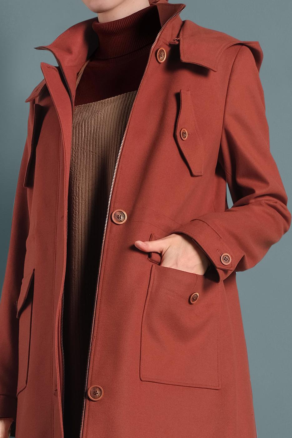 Tesettür giyim KAHVE ALVİNA KAPÜŞONLU KABAN 90034	