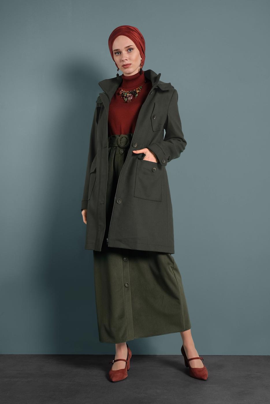 Tesettür giyim HAKİ ALVİNA KAPÜŞONLU KABAN 90034	