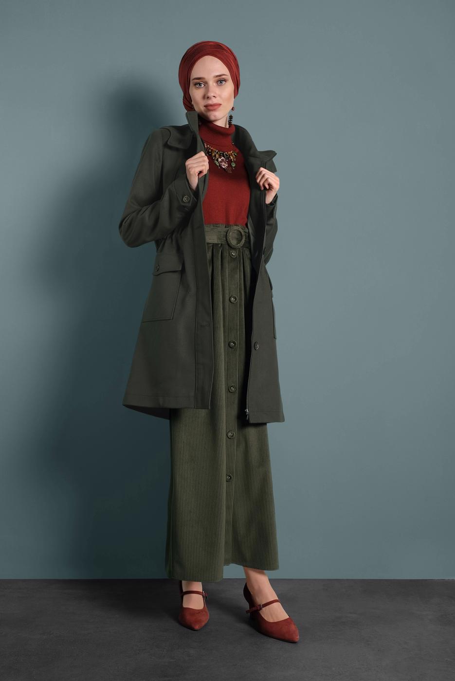 Tesettür giyim HAKİ ALVİNA KAPÜŞONLU KABAN 90034	