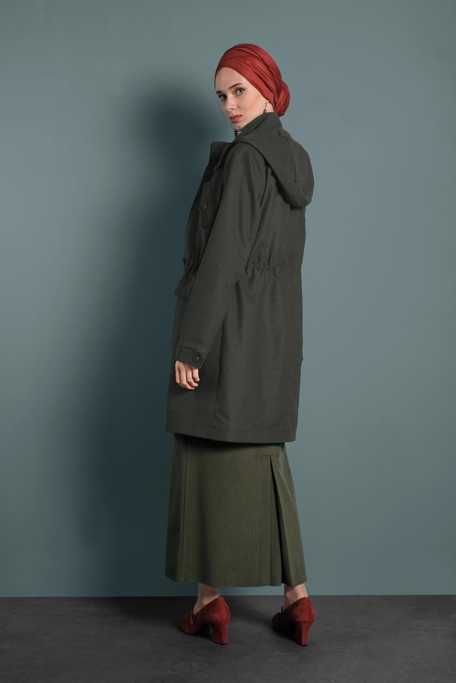 Tesettür giyim HAKİ ALVİNA KAPÜŞONLU KABAN 90034	