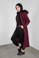 Tesettür giyim BORDO  ALVİNA KAPÜŞONU KÜRKLÜ KABAN 90041