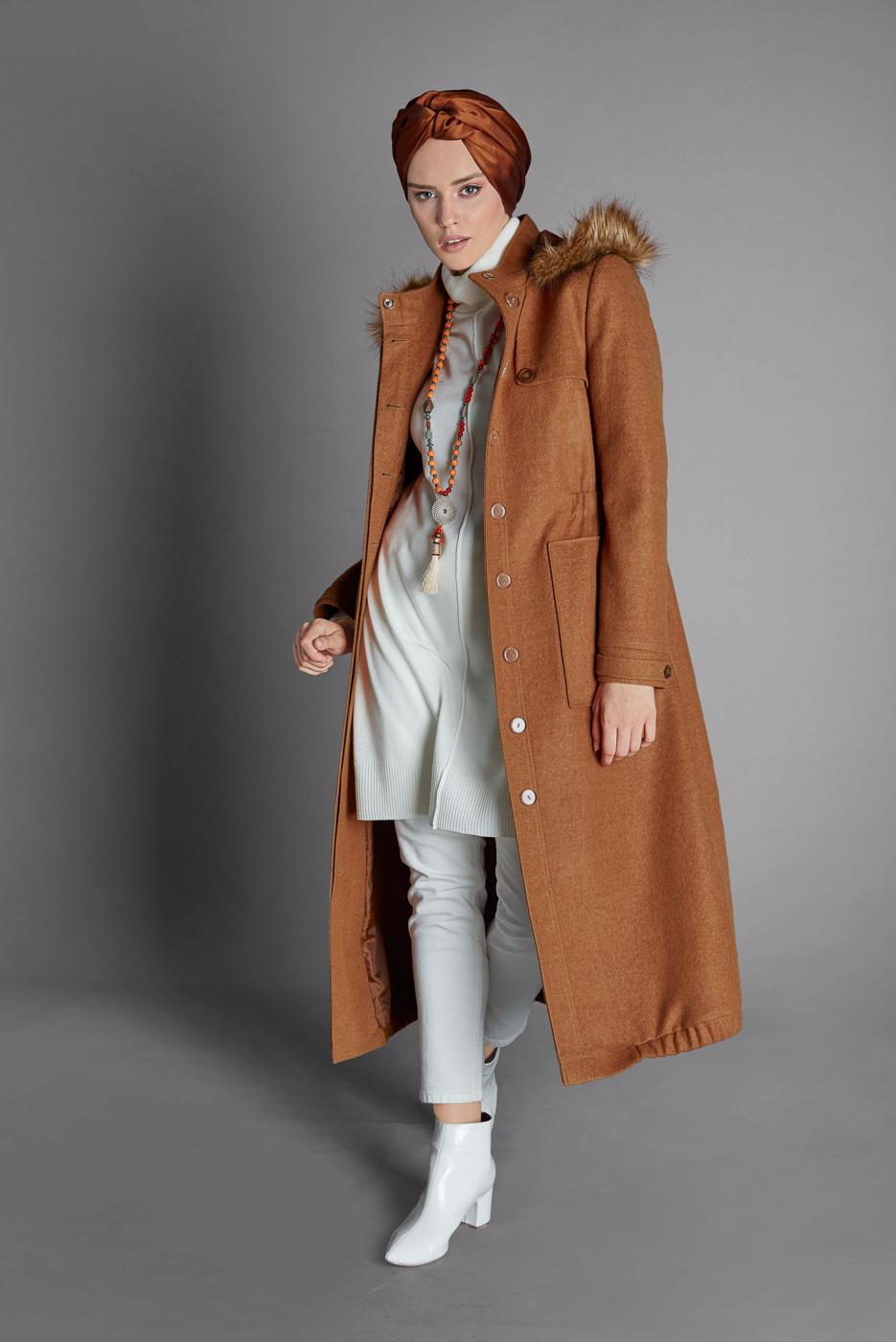 Tesettür giyim KAHVE  ALVİNA KAPÜŞONU KÜRKLÜ KABAN 90041