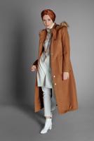 Tesettür giyim KAHVE  ALVİNA KAPÜŞONU KÜRKLÜ KABAN 90041