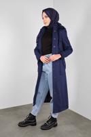 Tesettür giyim LACİVERT  ALVİNA KAPÜŞONU KÜRKLÜ KABAN 90041