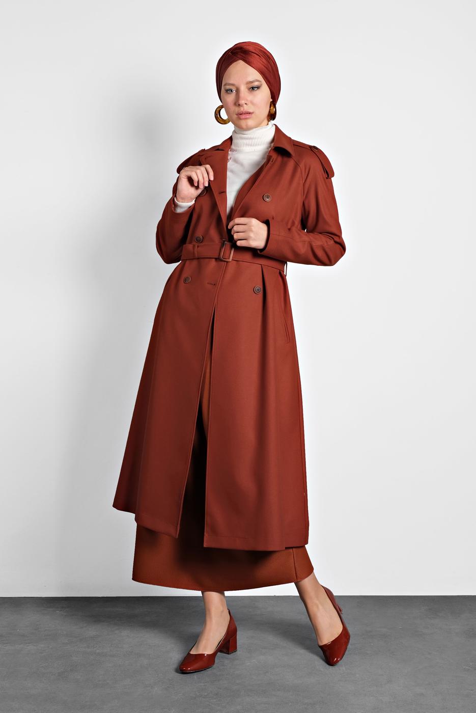 Tesettür giyim KAHVE ALVİNA KEMERLİ KRUVAZE KABAN 90044