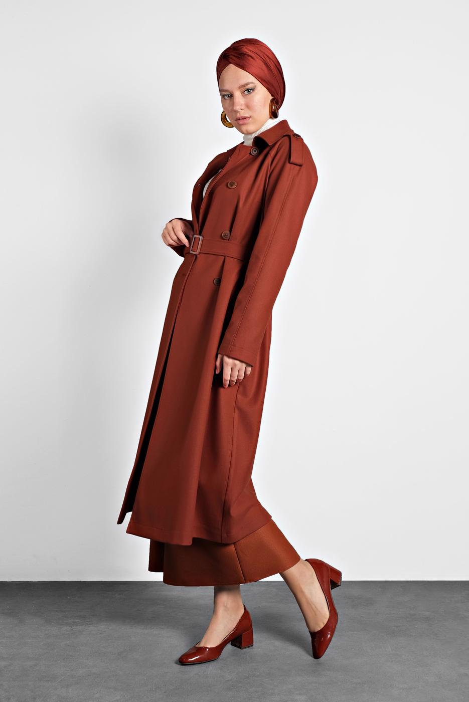 Tesettür giyim KAHVE ALVİNA KEMERLİ KRUVAZE KABAN 90044